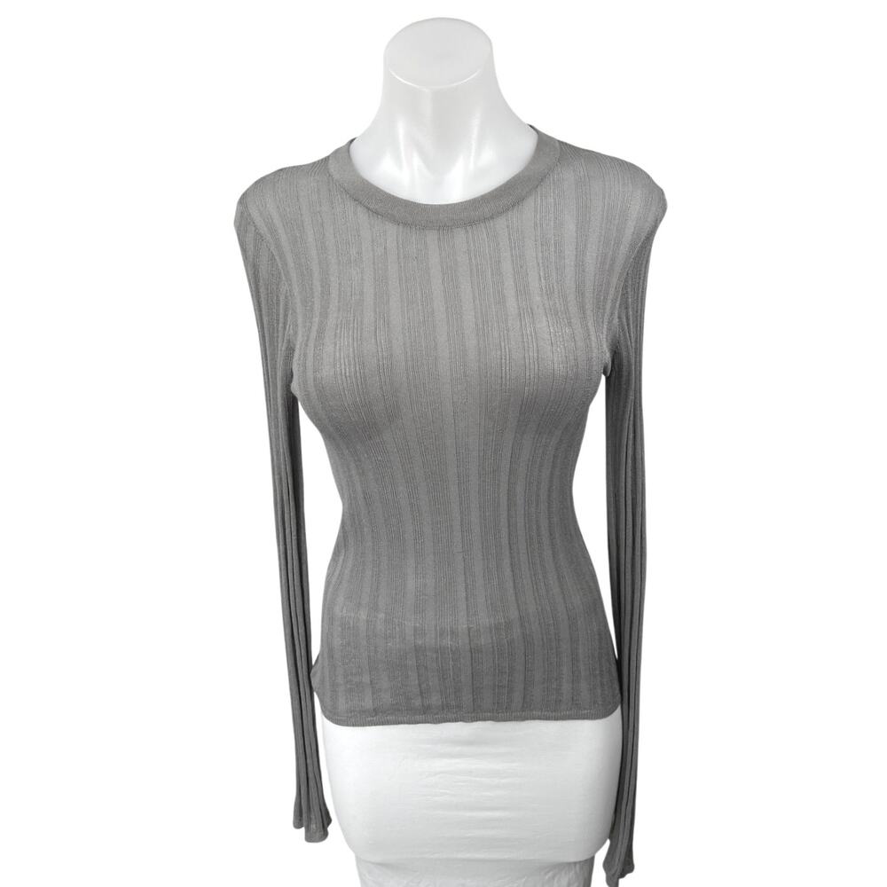 Zara Women's Gray Ribbed Long Sleeve Mesh Sheer Slim Fit Pullover T-Shirt Top M